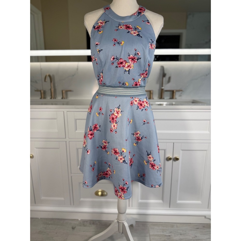 City Triangles Floral Halter Dress Juniors 13 Blue Pink Skater Fit Flare